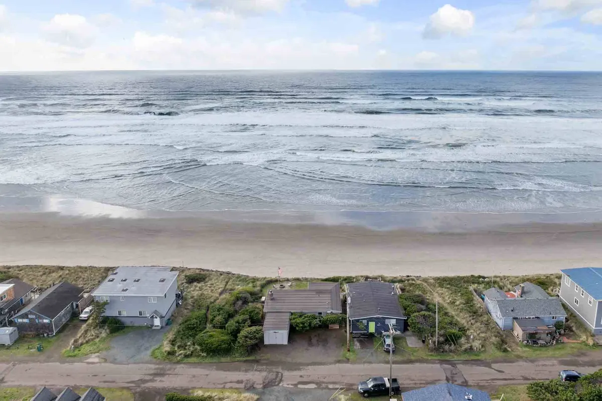 A panoramic view of ocean waves rolling up to a broad sandy beach, with houses and sand dunes in the distance. The open shoreline and natural beauty invite exploration and playful moments with pets.